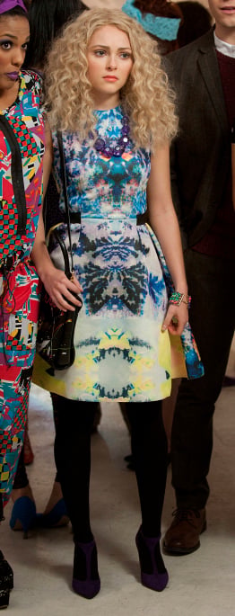 Carrie's flared multi-colored mirrored print dress on The Carrie Diaries
