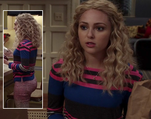 Carrie's pink, blue and black striped longsleeve top on The Carrie Diaries