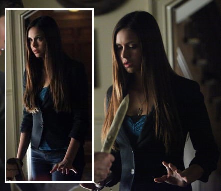 Elena's turquoise blue top and  black blazer on The Vampire Diaries