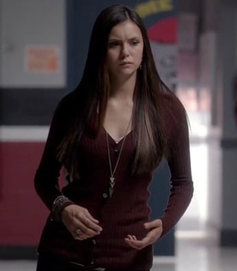 Elena's burgundy/brown ribbed cardigan and long arrow necklace on The Vampire Diaries