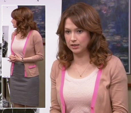 Erin's beige cardigan with pink bow pockets on The Office