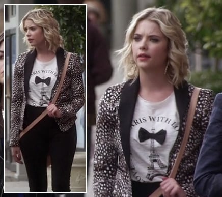 Hanna's animal print blazer and bow tie/eiffel tower top on Pretty Little Liars