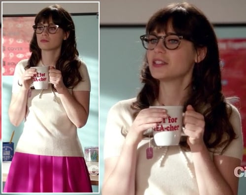 Jess's pink skirt and white top with beads on New Girl