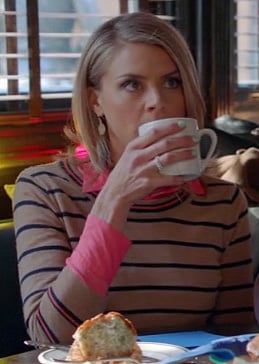 Jane's camel brown sweater with navy and pink stripes on Happy Endings