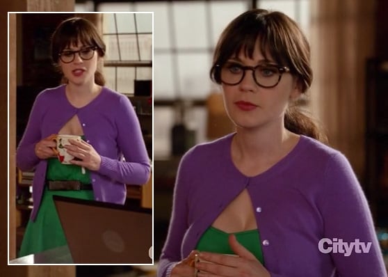 Jess's purple cardigan and green dress on New girl