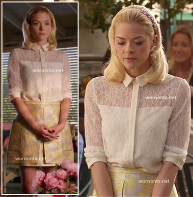 Lemon's yellow jacquard skirt and white lace shirt on Hart of Dixie