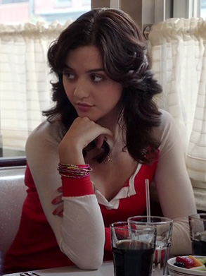 Maggie's red and white baseball style shirt on The Carrie Diaries