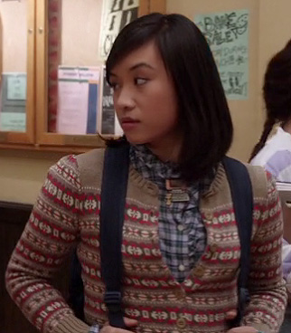 Mouse's brown striped fair isle cardigan and blue plaid ruffle shirt on The Carrie Diaries