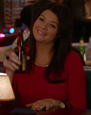 Penny's red sweater with black trim and pocket on Happy Endings