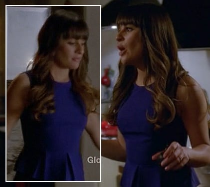 Rachel Berry's blue peplum top and black leather skirt on Glee