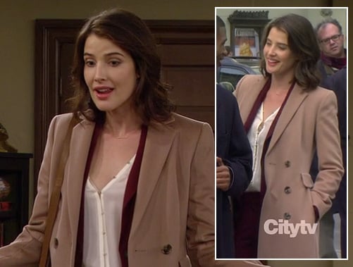 Robin's white blouse, burgundy pant suit and long beige coat on How I Met Your Mother