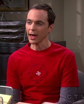 Sheldon's red d20 dice shirt on The Big Bang Theory