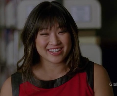 Tina's red dress with black leather trim on Glee
