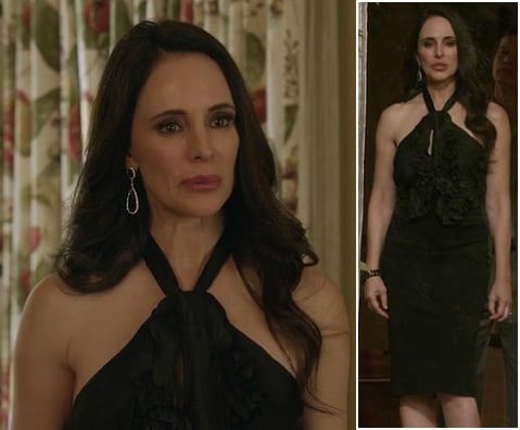 Victoria's black ruffled halter dress on Revenge