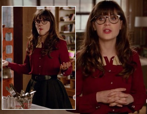 Jess's burgundy shirt with cream collar on New Girl