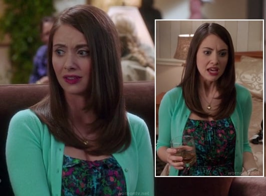 Annie's green and blue printed dress and mint green cardigan on Community