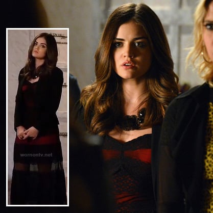 Aria's red and black lace maxi dress on Pretty Little Liars