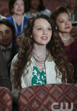 Dorrit's green and white dress with embellished collar cardigan on The Carrie Diaries