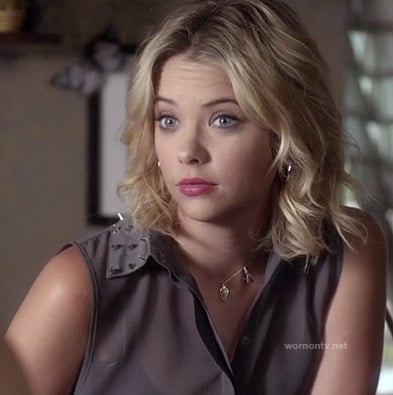 Hanna's grey sleeveless shirt with studded collar on Pretty Little Liars