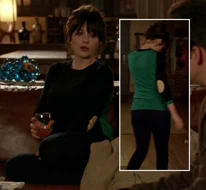 Jess's navy/black sweater with green back and elbow patches on New Girl