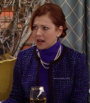 Lily's blue tweed/boucle jacket with black trim on How I Met Your Mother