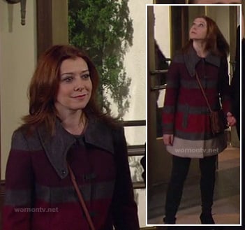 Lily's grey, red and purple thick stripe coat on How I Met Your Mother