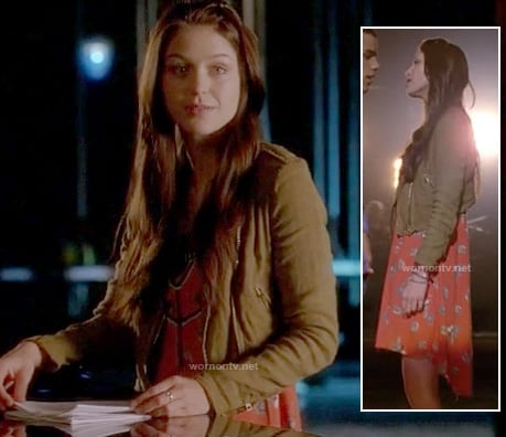 Marley's orange dipped hem dress and cropped moto jacket on Glee