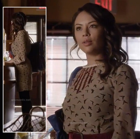 Mona's beige bird print dress on Pretty Little Liars