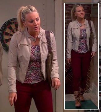 Penny's pink leopard print top with cream jacket and dark red jeans on The Big Bang Theory