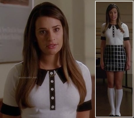 Rachel Berry's black and white check skirt and collar print sweater on Glee