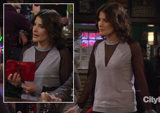 Robin's grey sweater with black sheer sleeves and triangle insert and red purse on How I Met Your Mother