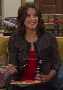 Robin's grey tweed jacket with black leather trim on How I Met Your Mother