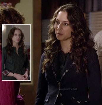 Spencer's black blazer with patterned trim and green polka dot shirt with plaid collar and cuffs on Pretty Little Liars