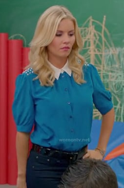 Alex's turquoise blue blouse with studded shoulders and white collar on Happy Endings