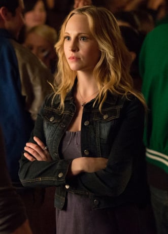 Caroline's bustier dress and denim jacket on The Vampire Diaries