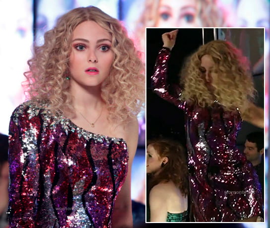Carrie's pink sequinned one shoulder/sleeve dress on The Carrie Diaries