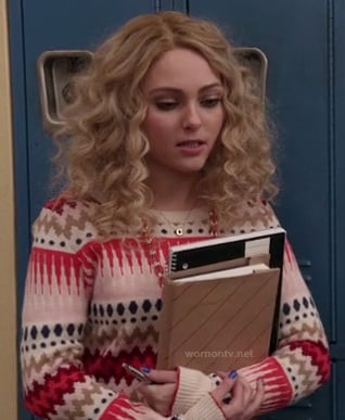 Carrie's pink patterned sweater on The Carrie Diaries