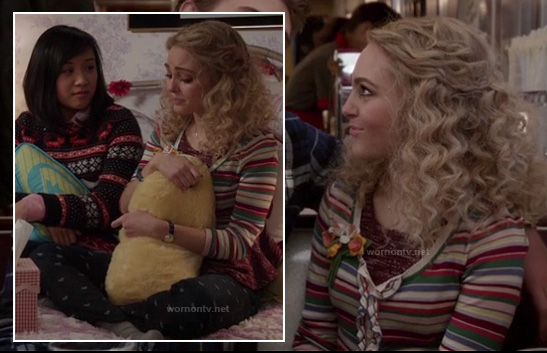 Carrie's striped ruffle cardigan and black heart print jeans on The Carrie Diaries