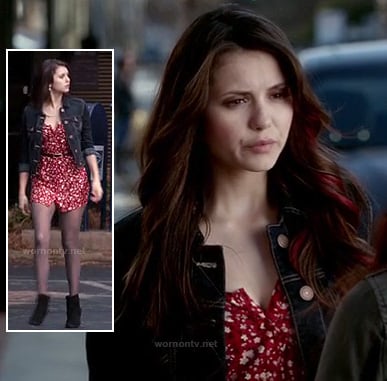 Elena's red and white dress with denim jacket and leather ankle boots on The Vampire Diaries