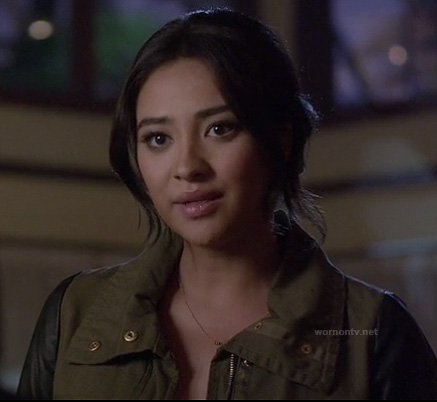 Emily's khaki green jacket with black leather sleeves on Pretty Little Liars