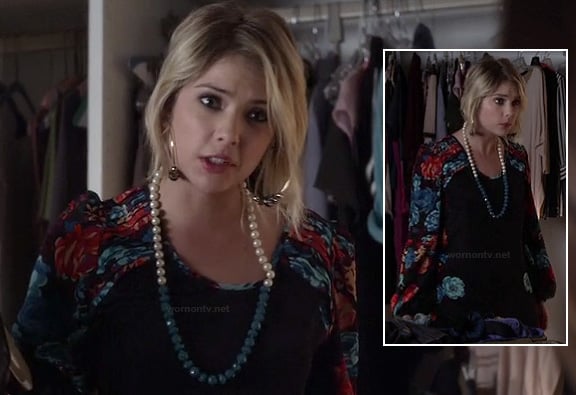 Hanna's black dress with long floral sleeves on Pretty Little Liars