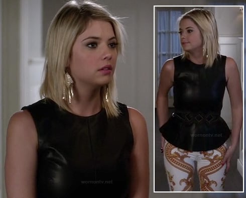 Hanna's black leather peplum top and orange print jeans on Pretty Little Liars