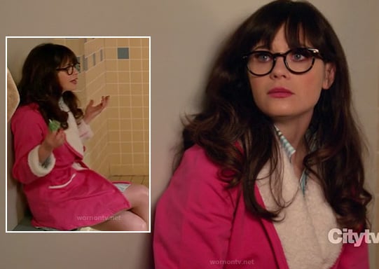 Jess's pink and white sherpa bathrobe on New Girl