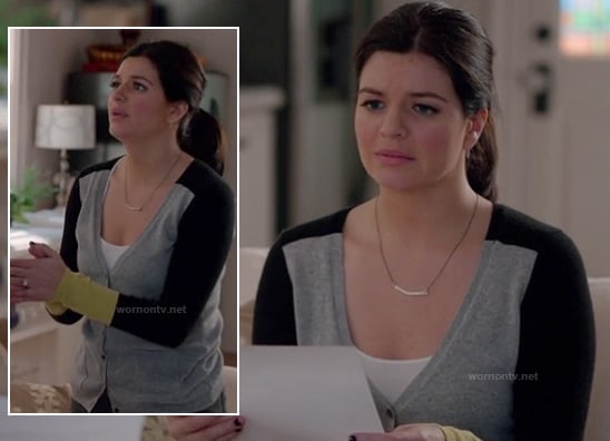 Penny's grey, black and yellow colorblock cardigan and silver bar necklace on Happy Endings