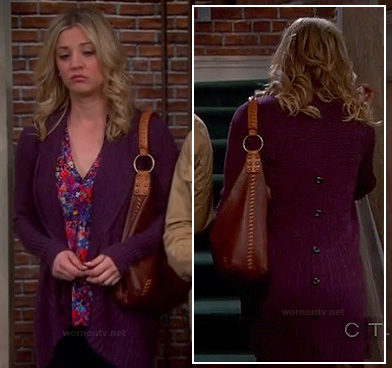 Penny's purple ribbed cardigan with buttons down the back on The Big Bang Theory