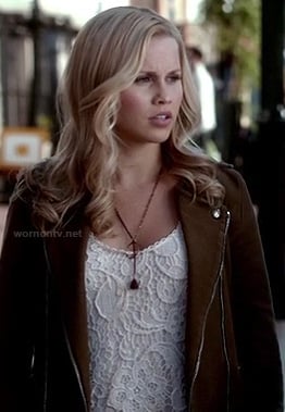 Rebekah's white crochet lace top and moto jacket on The Vampire Diaries
