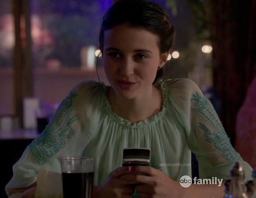 Sasha's mint green sheer blouse with embroidered sleeves on Bunheads