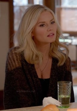 Alex's brown cardigan with detailed shoulders on Happy Endings