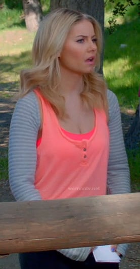 Alex's neon orange tank top and grey striped shrug on Happy Endings