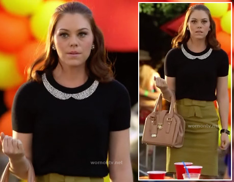 AnnaBeth's black sweater with jewel collar and bow pencil skirt on Hart of Dixie